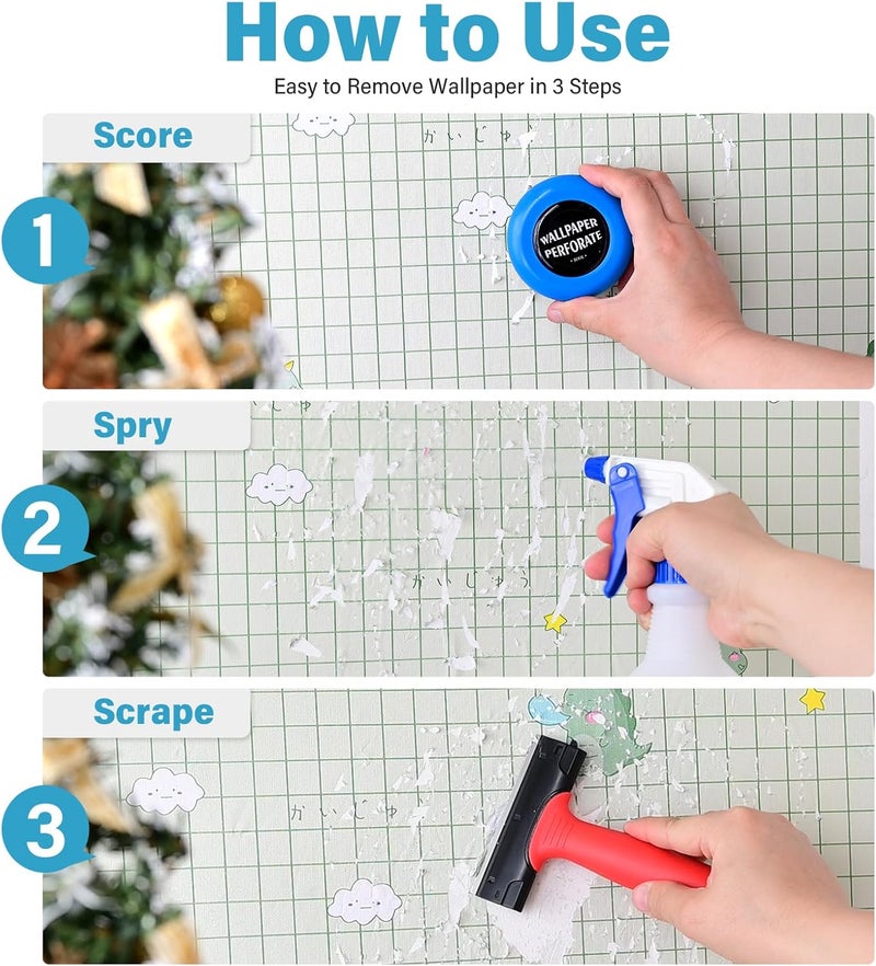 Gomake Wallpaper Remove Tool Set With Perforating Scoring Tool,Spray Bottle,4 inch Razor Blade Scraper Sticker Remover to Peel Contact Paper Vinyl Backsplash Window Film Wallpaper Adhesive - Image 4